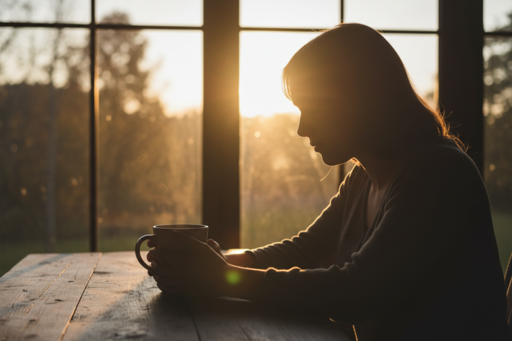 Die Silhouette einer Frau sitzt im Gegenlicht vor einem Fenster und hält eine Tasse in den Händen.