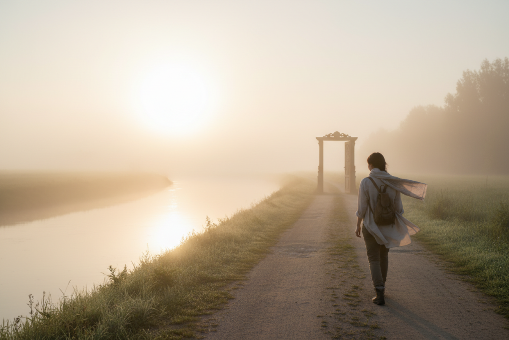 Eine Frau mit einem Rucksack geht auf einem Weg entlang eines Flusses in Richtung eines Tores im Nebel, während die Sonne im Hintergrund aufgeht.